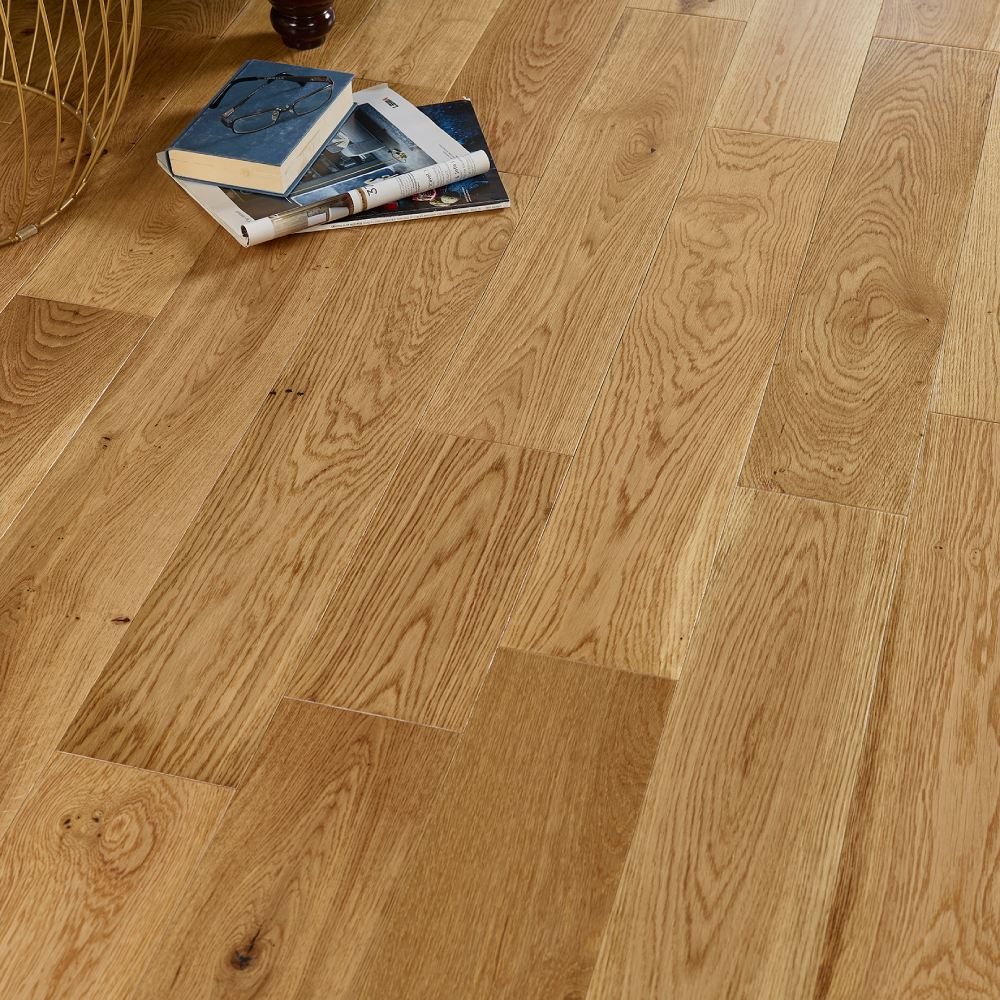 Foxgrove engineered oak plank, with books on the floor