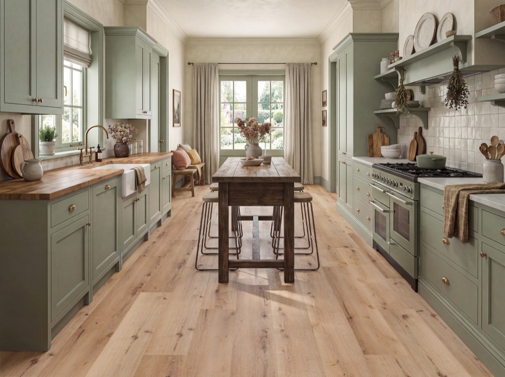 Loggia luxury vinyl tile in a green kitchen